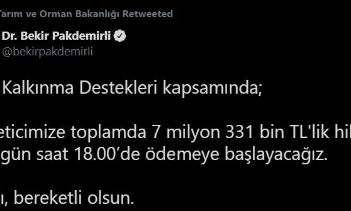 Bakan Pakdemirli, 7 milyon 331 bin TL’lik Kırsal Kalkınma Desteği ödemelerinin başladığını duyurdu