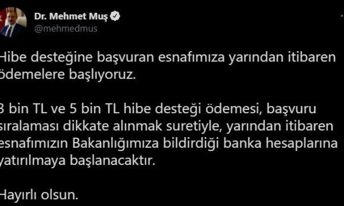 Esnafa 3 bin ve 5 bin liralık hibe desteği ödemeleri yarın başlıyor