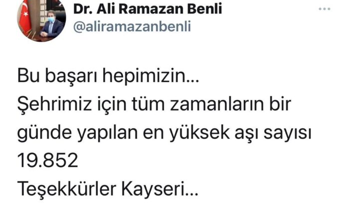 Kayseri’de bir günde 19 bin 852 korona virüs aşısı yapıldı