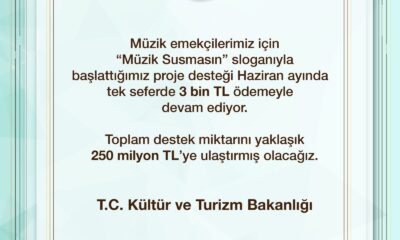 Kültür ve Turizm Bakanlığı: “Müzik emekçilerimiz için ’Müzik Susmasın’ sloganıyla başlattığımız proje desteği haziran ayında tek seferde 3 bin lira ödemeyle devam ediyor”