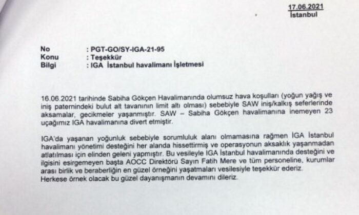 Pegasus’tan İGA’ya teşekkür mektubu