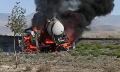 Tekeri kilitlenen tanker alev topuna döndü, sürücü son anda kurtuldu