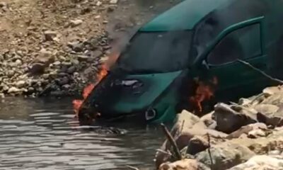 Alev alev yanan araç dere yatağına böyle düştü