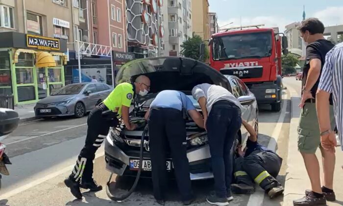 Aracın motor kısmına giren kedi çıkartılamadı