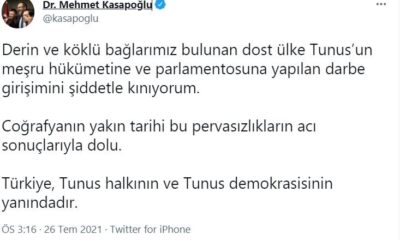 Bakan Kasapoğlu: “Derin ve köklü bağlarımız bulunan dost ülke Tunus’un meşru hükümetine ve parlamentosuna yapılan darbe girişimini şiddetle kınıyorum”