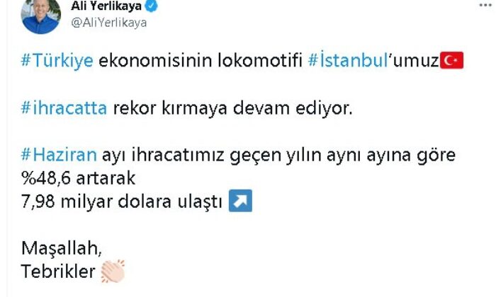 İstanbul Valisi Ali Yerlikaya: “Haziran ayı ihracatımız 7,98 milyar dolara ulaştı”