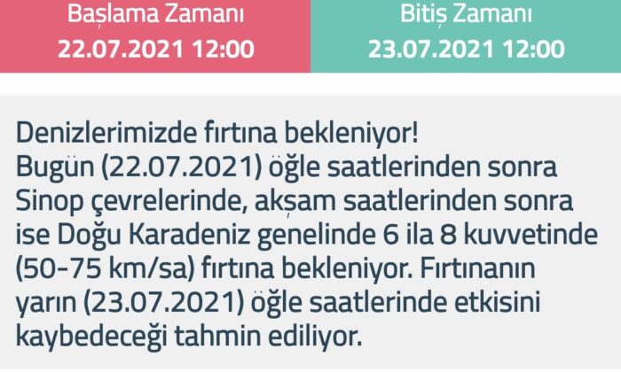 Sinop’a fırtına uyarısı