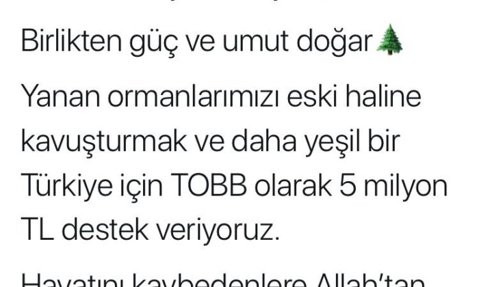 TOBB yanan ormanlar için 5 milyon TL yardımda bulunacak